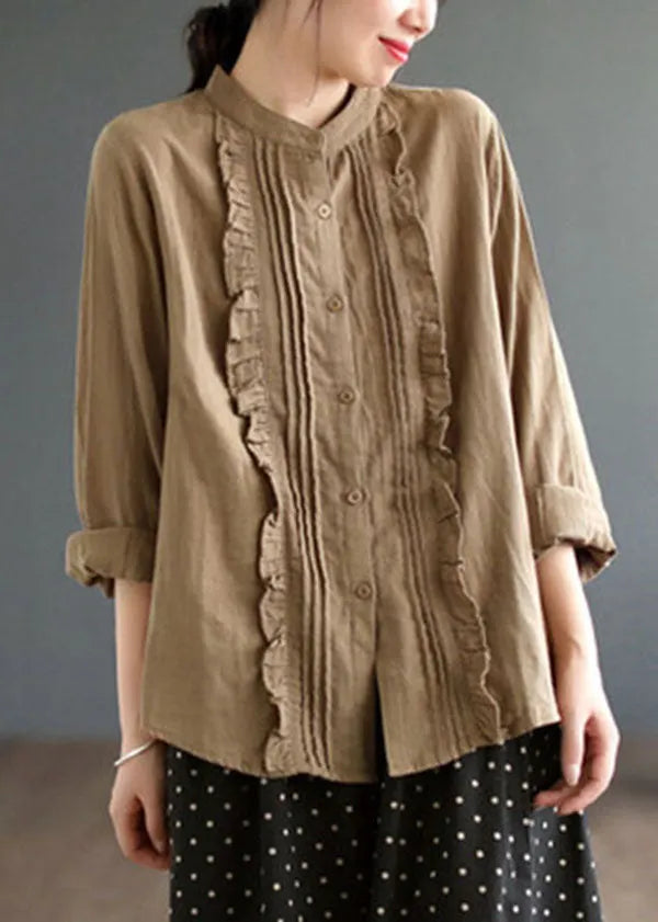Khaki Ruffled Color Cotton Shirt Tops Spring