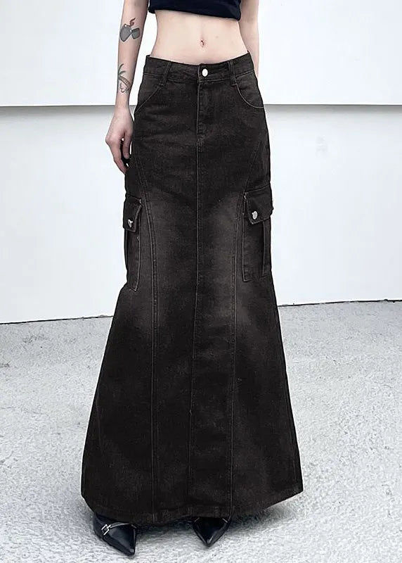 Dark Gray Pockets Side Open Denim Skirt Summer