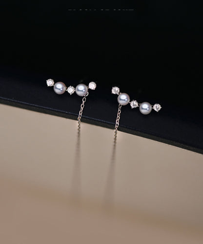New Silver Tassel Pearl Zircon Silver Drop Earrings