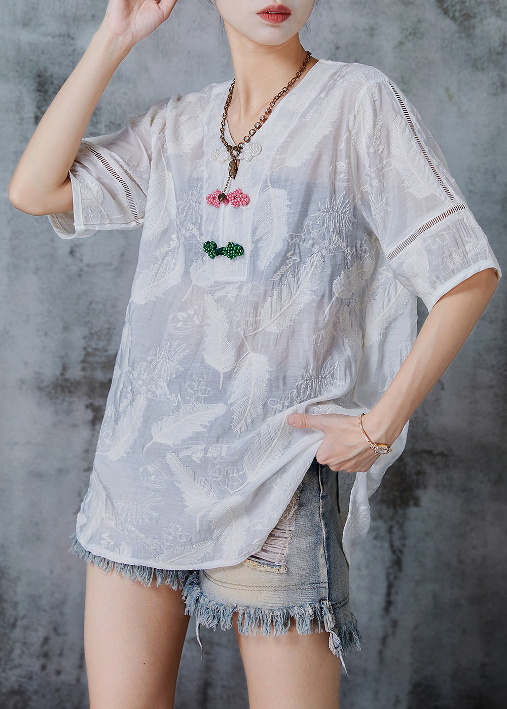 White Embroidered Chinese Button Cotton Shirt Tops Summer