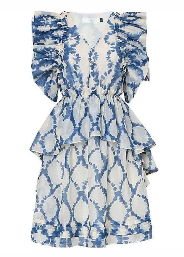 Blue V Neck Print Ruffled Patchwork Organza Mid Dress Summer