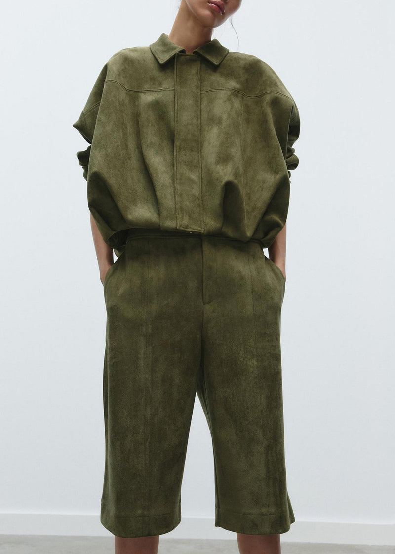Loose Army Green Peter Pan Collar Pockets Faux Suede Two Piece Set Fall