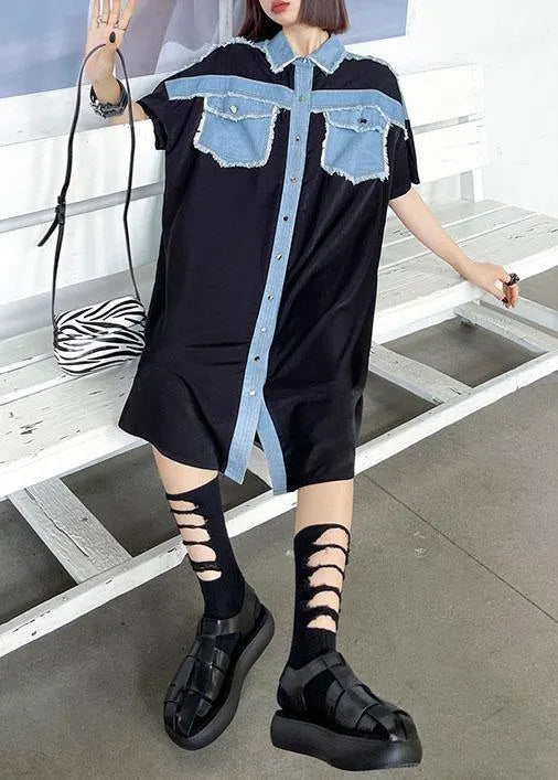 Black Summer Splicingpocke Patchwork Maxi Dresses Short Sleeve Cotton