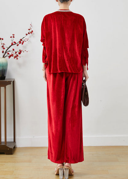 Red Side Open Silk Velvet Two Piece Set Clothing Fall