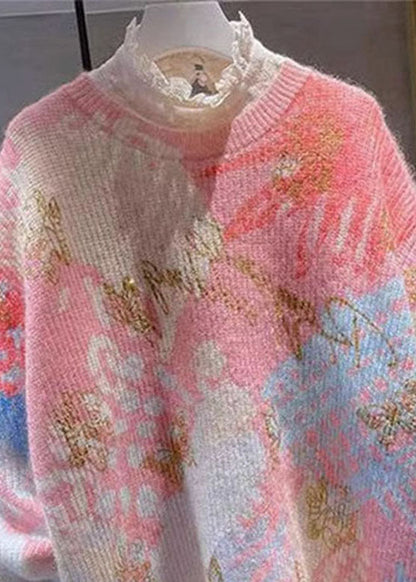Red O-neck Print Lace Patchwork Cotton Knit Sweaters Fall