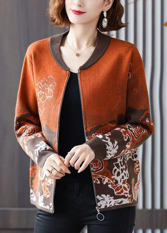 Orange Jacquard Knit Coat Outwear O-neck Zip Up Long Sleeve