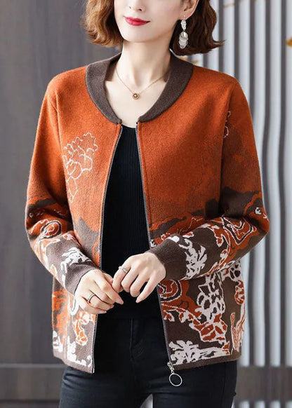 Orange Jacquard Knit Coat Outwear O-neck Zip Up Long Sleeve