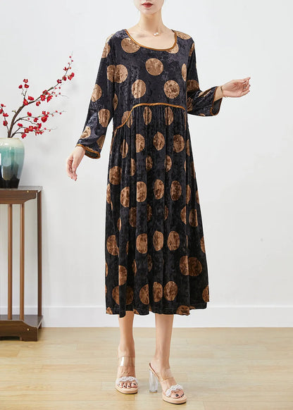Black Oversized Print Silk Velour Long Dress Fall