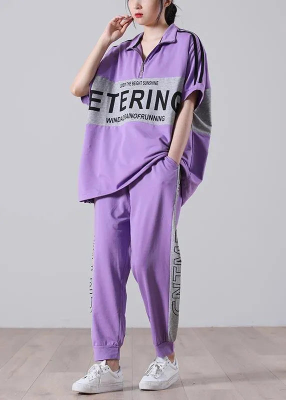 Natural Light Purple Graphic Zippered Two Pieces Set Summer Cotton