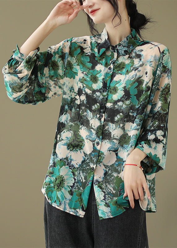 Green Peter Pan Collar Print Cotton Shirt Tops Fall