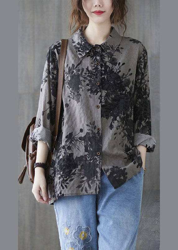 Unique Grey Peter Pan Collar Button Print Fall Blouses Long Sleeve