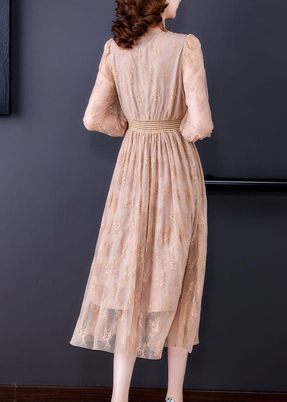 Apricot Elastic Waist Hollow Out Lace Dress Spring