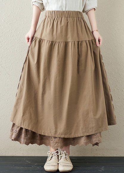 Brief Khaki Embroideried Patchwork Elastic Waist Linen a Line Skirt Summer
