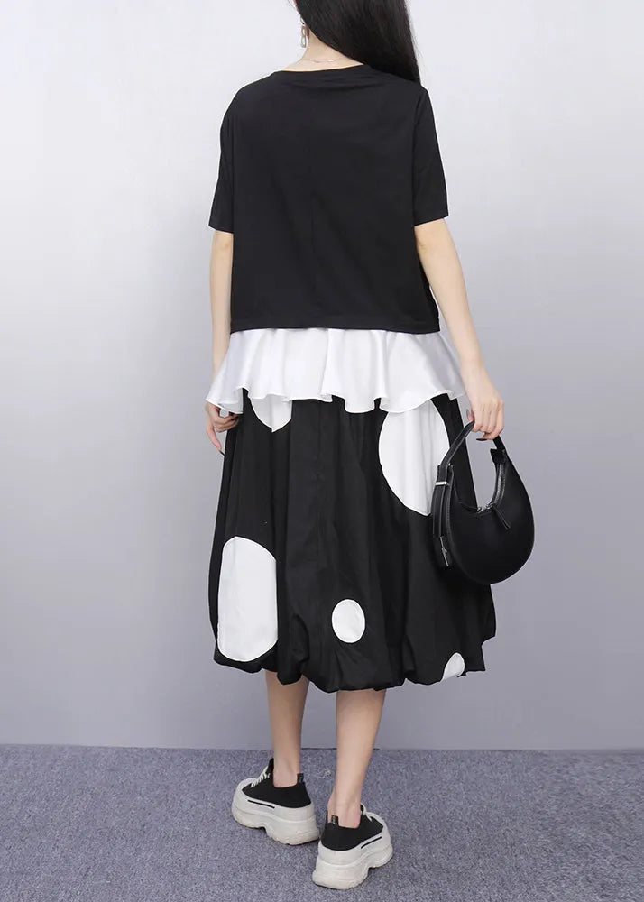 Black O-neck Dot Top and Skirts Two Pieces Set Short Sleeve