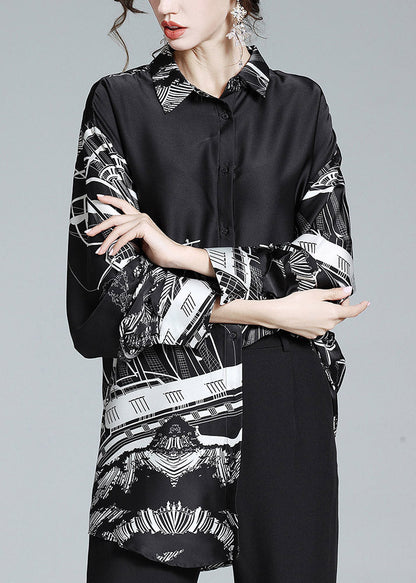 Black Peter Pan Collar Print Button Silk Shirt Long Sleeve
