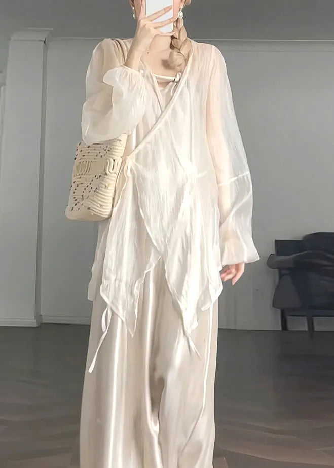 Loose Beige V Neck Silk Shirts and Spaghetti Strap Dress Two Piece Set Long Sleeve