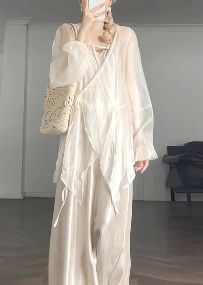 Loose Beige V Neck Silk Shirts and Spaghetti Strap Dress Two Piece Set Long Sleeve