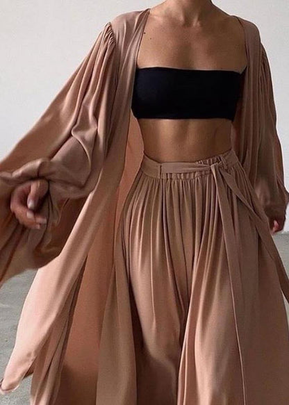 Khaki Oversized Chiffon Three Pieces Set Lantern Sleeve