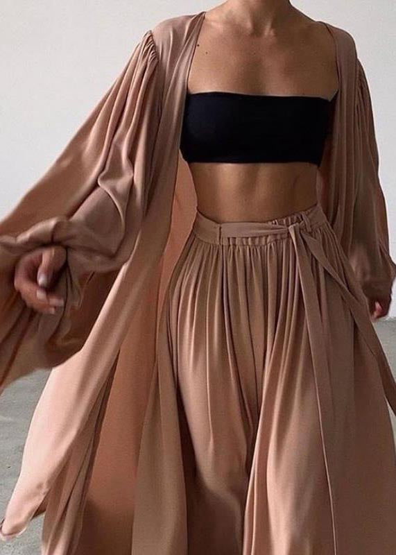 Khaki Oversized Chiffon Three Pieces Set Lantern Sleeve