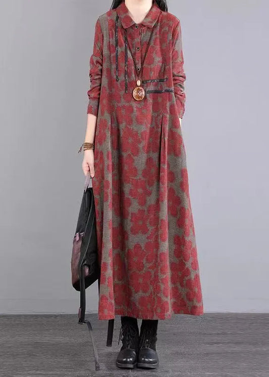 Red Peter Pan Collar Print Patchwork Cotton Long Dress Fall