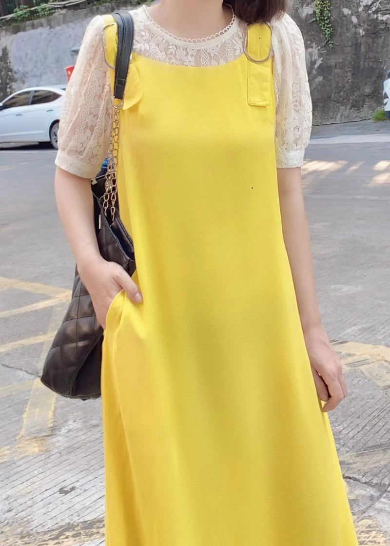 Simple Yellow Pockets Cotton Jumpsuit Pants Sleeveless