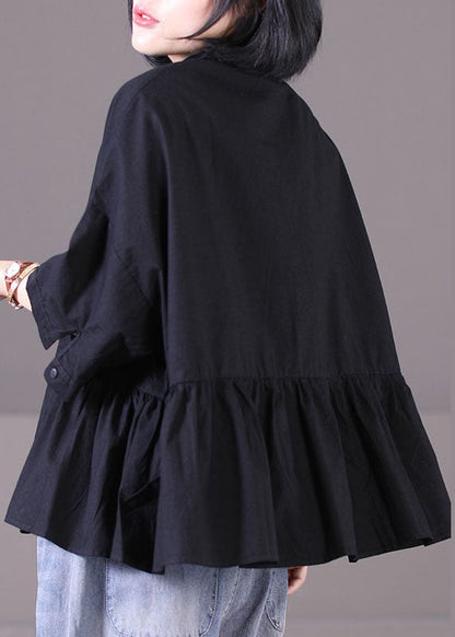 Khaki Peter Pan Collar Asymmetrical Design Patchwork Wrinkled Cotton Shirt Tops Short Sleeve