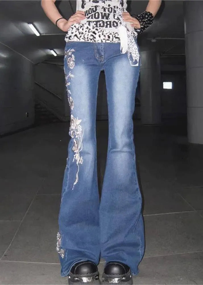 Fine Blue Rose Print Pockets High Waist Denim Flared Trousers Fall