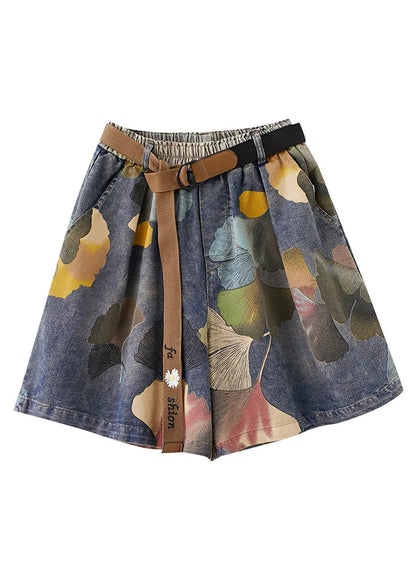 Print Elastic Waist Sashes Denim Shorts Summer