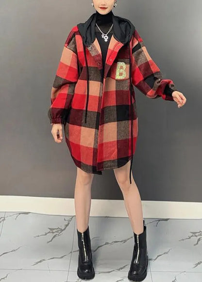 Red Plaid Asymmetrical Button Thick Woolen Hooded Coat Winter