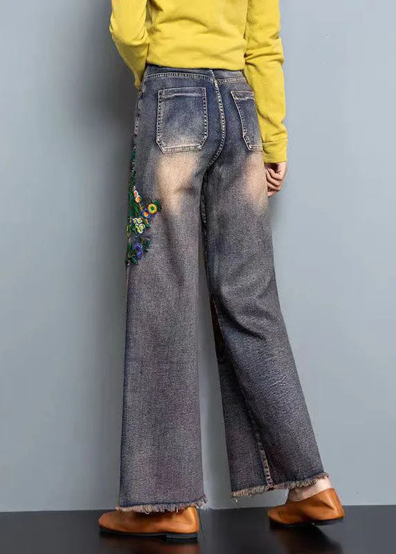 Diy Blue High Waist Embroideried Pockets Print Cotton Denim Straight Pants Fall