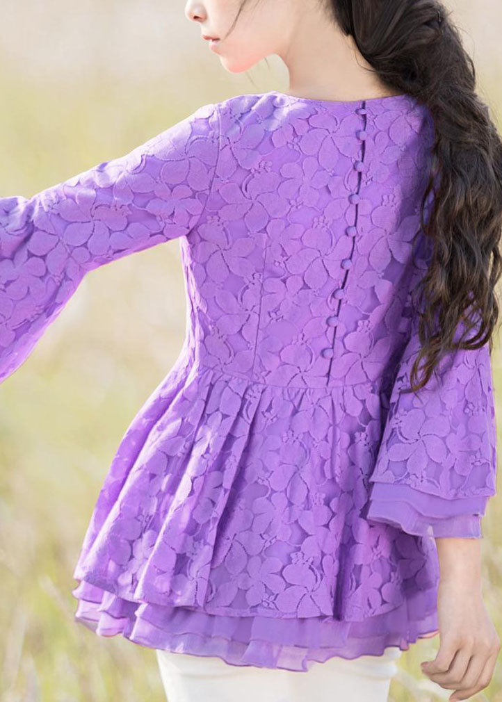 Purple O Neck Lace Ruffled Top Bracelet Sleeve