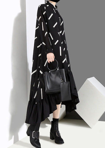 Organic Black Low High Design Peter Pan Collar Ruffles Print Shirt Dresses Spring