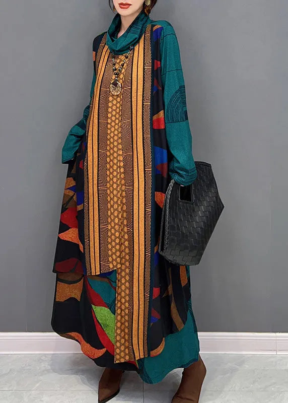 Green Turtleneck Print Patchwork Long Dress Long Sleeve