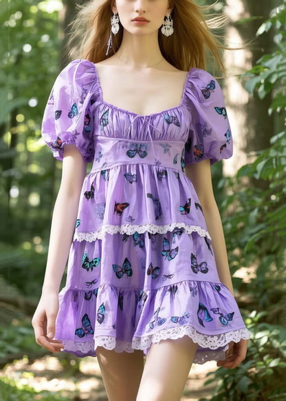 Lavender Square Collar Butterfly Cotton Tea Dress Puff Sleeve Summer