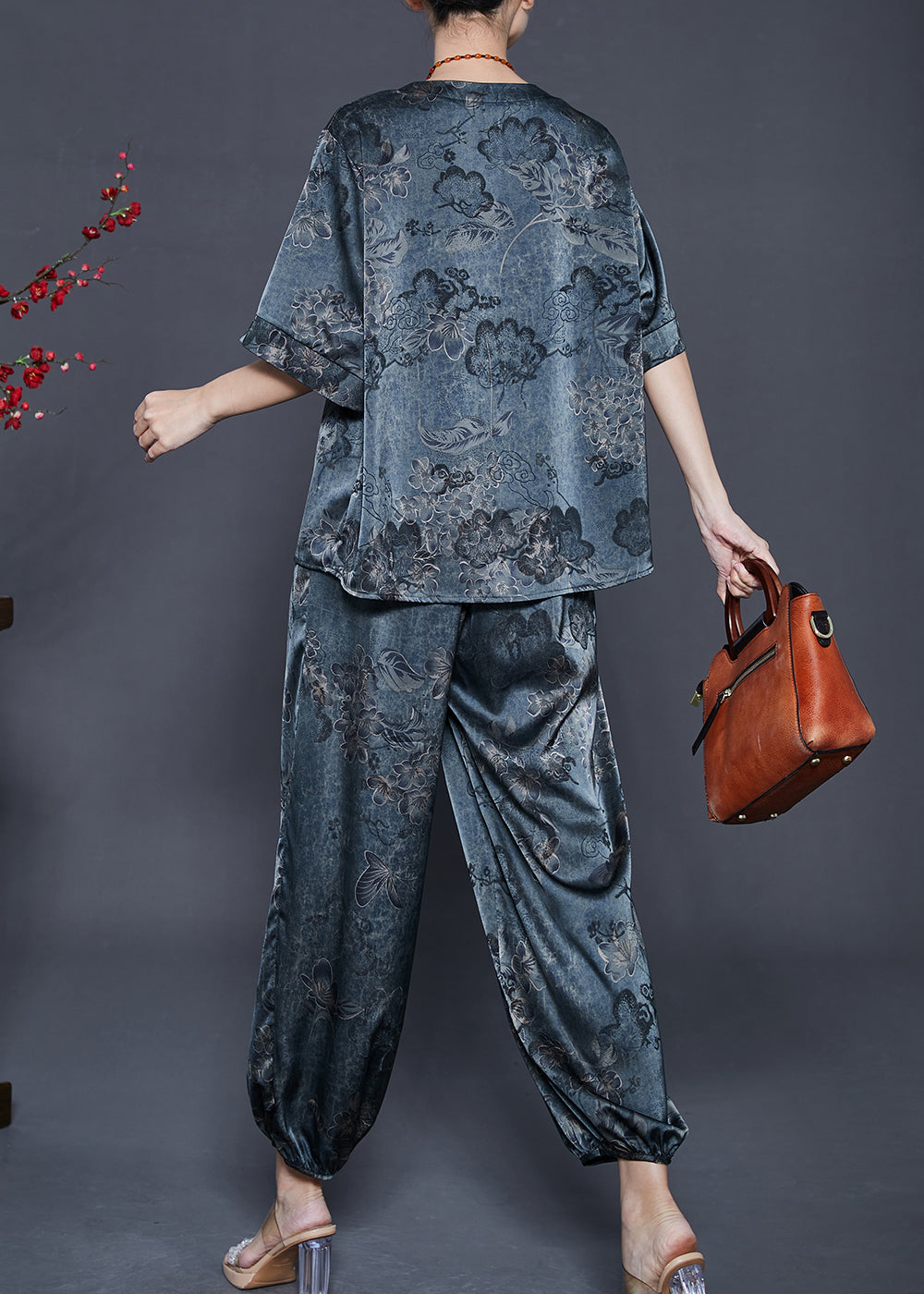 Navy Oversized Print Silk Two Pieces Set Summer