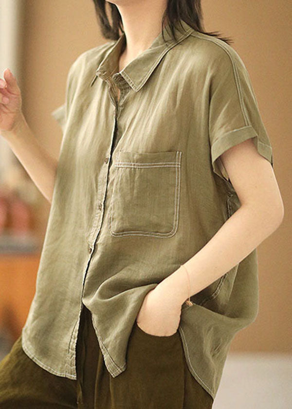Modern Light Green Peter Pan Collar Pocket Color Blouses Short Sleeve