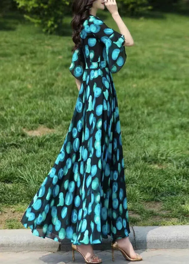 Stylish Blue V Neck Print Chiffon Dresses Flare Sleeve
