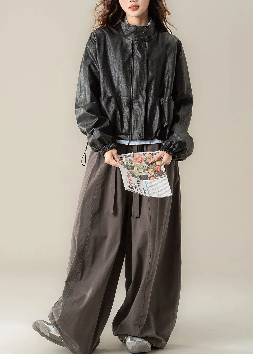 Classy Black Stand Collar Drawstring Faux Leather Coat Spring