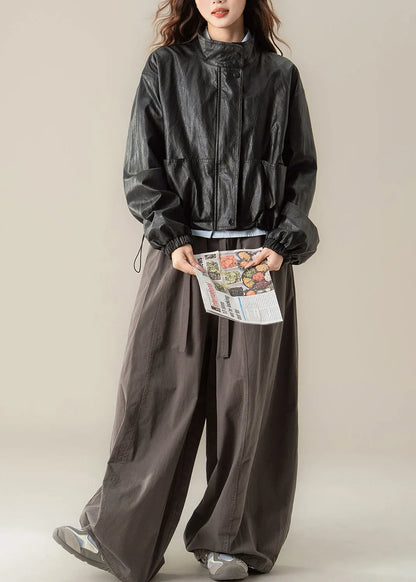Classy Black Stand Collar Drawstring Faux Leather Coat Spring