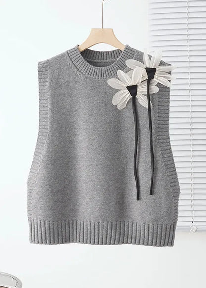 Modern Grey Decorated Warm Knit Vests Fall