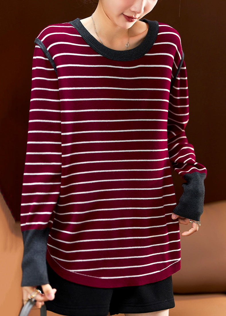Wine Red Striped Patchwork Cotton Knit Tops Spring