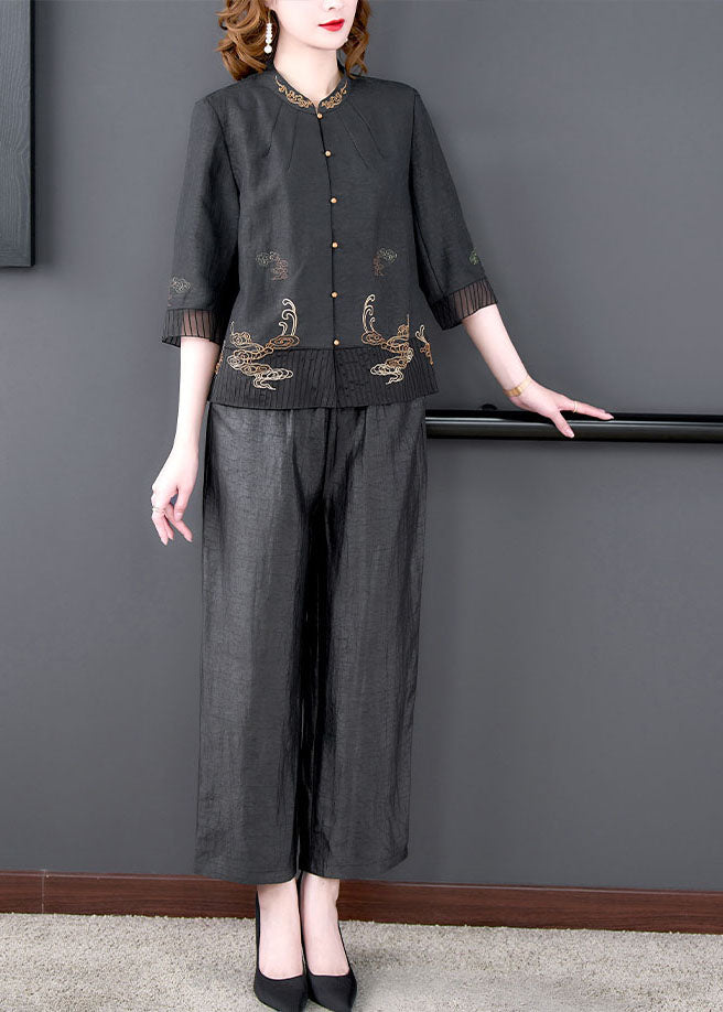 Black Mandarin Collar Oriental Button Tulle Patchwork Silk Two Piece Set Clothing Summer