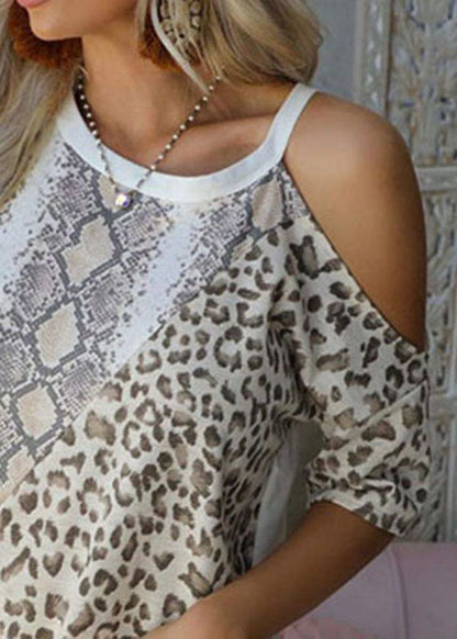 O-neck One Shoulder Design Patchwork Leopard Serpentinec Print Top Short Sleeve