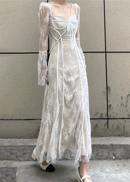 French Black Square Collar Patchwork Lace Long Dress Flare Sleeve