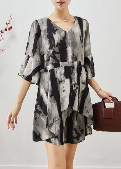 Black Cinched Tie Dye Spandex Two Piece Suit Set Summer