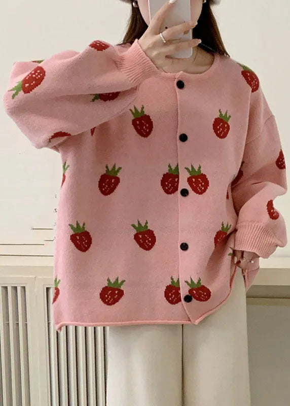 Pink Strawberry Cotton Knit Sweaters Coats Fall