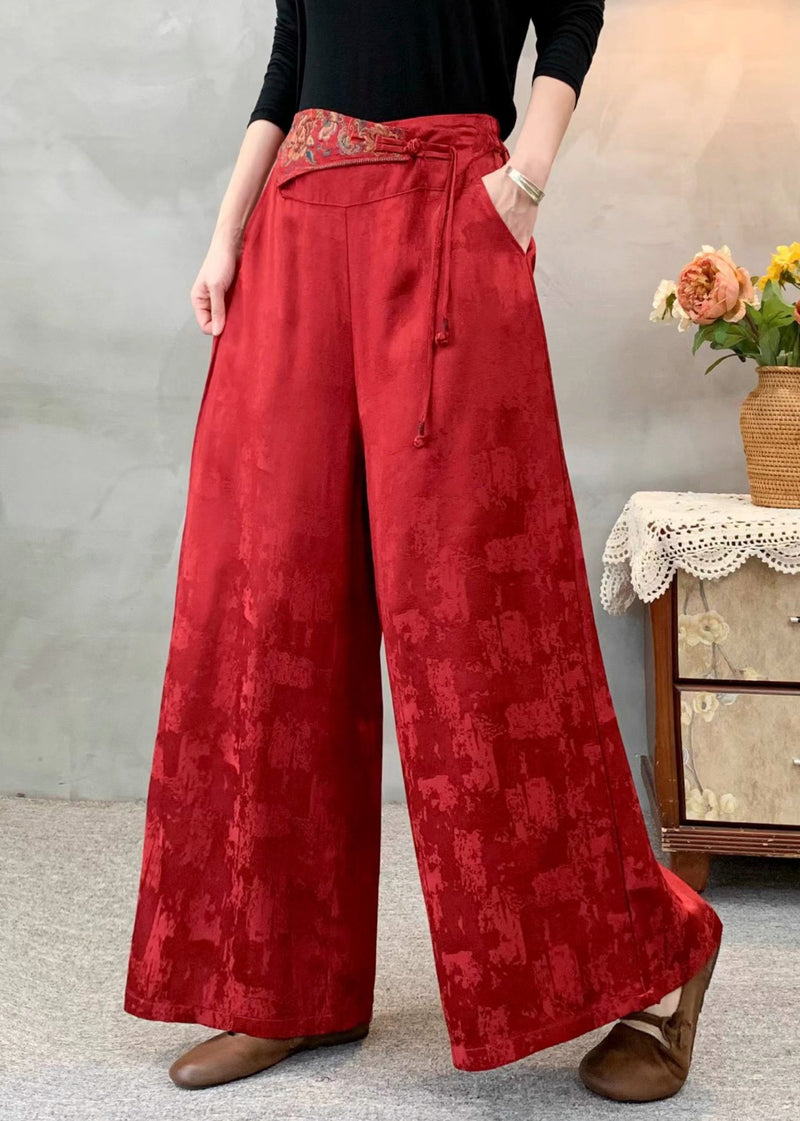 Style Red Embroidered Jacquard Silk Pants Spring