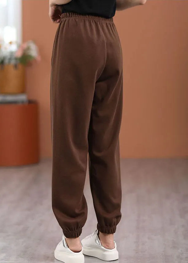 Loose Chocolate Letter Embroideried Elastic Waist Cotton Pants Spring