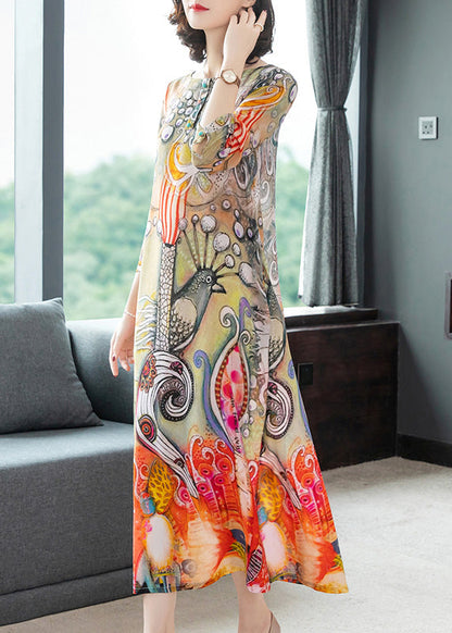 O-neck Print Silk Vacation Long Dresses Long Sleeve