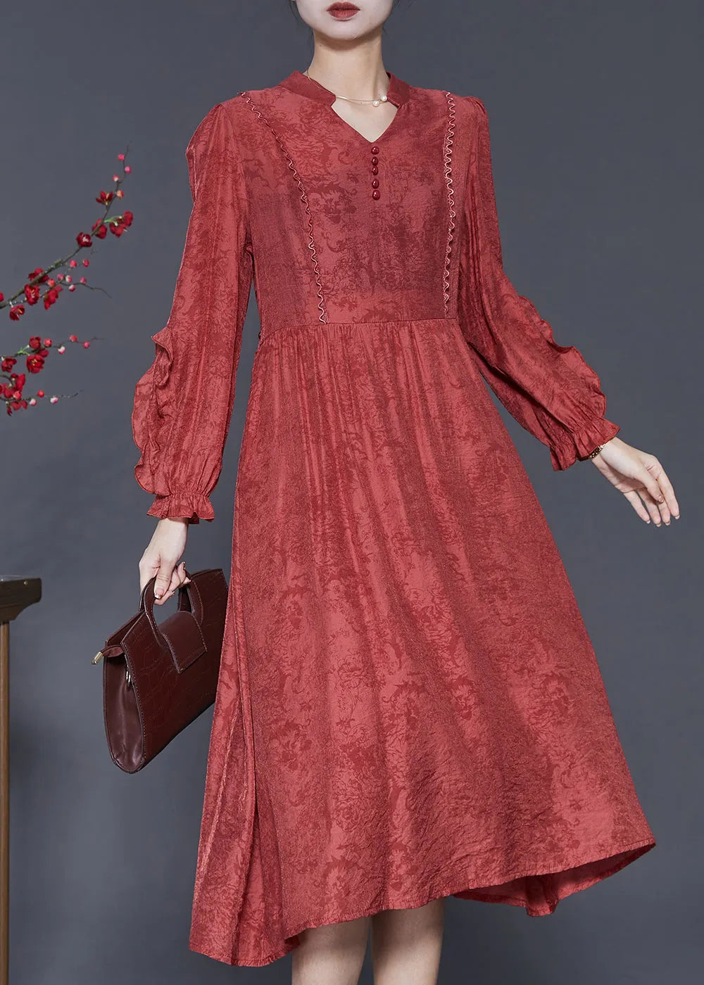 Red Ruffled Jacquard Cotton Robe Dresses Spring